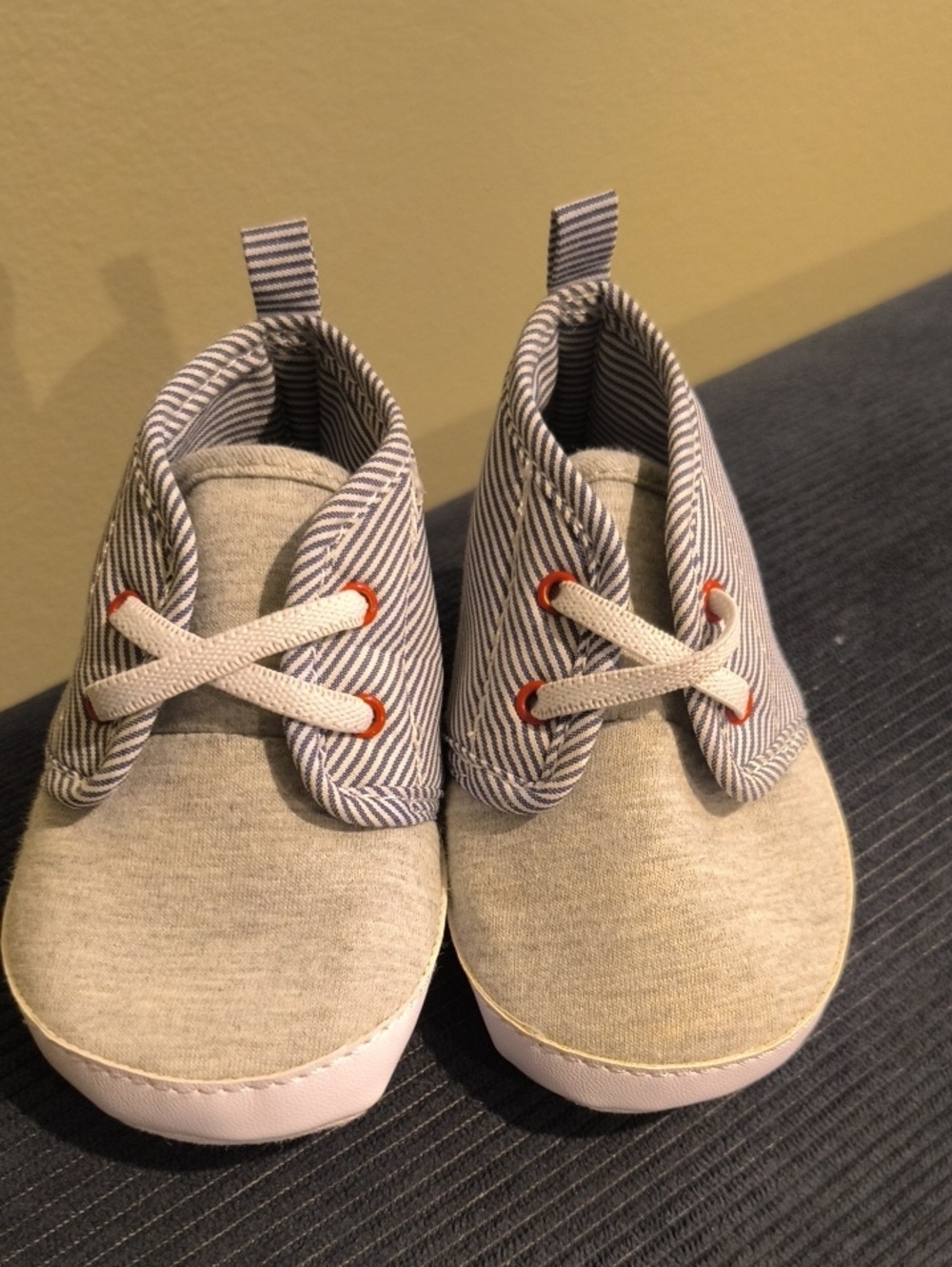 child of mine Gray & Navy Striped Baby Walker Shoes with Orange Eyelets